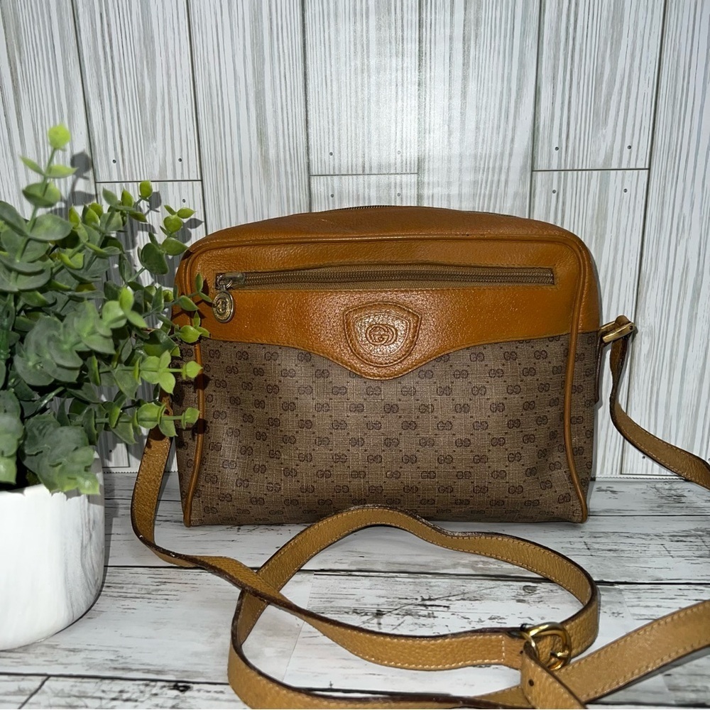 Gucci Vintage GG Monogram Canvas Crossbody Bag Brown Leather Trim Messenger - Picture 2 of 12